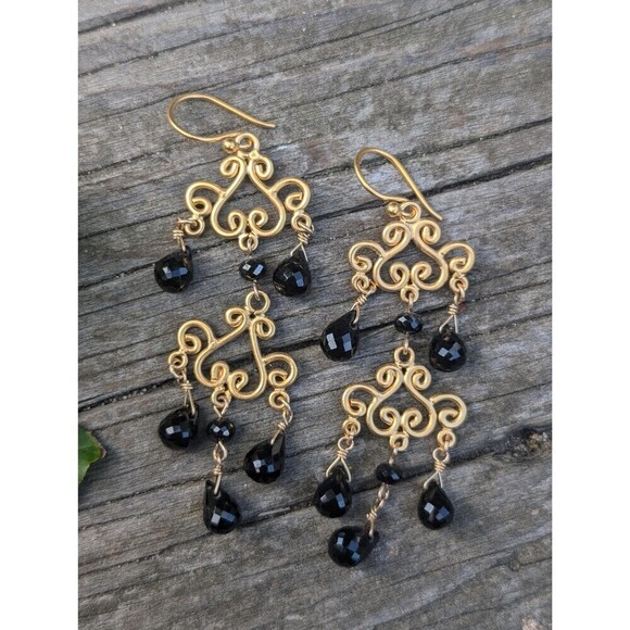 Vintage Gold Vermeil Black Chandelier Earrings, Romantic Gift - Picture 1 of 9